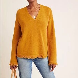 Anthropologie Joy Fringed V Neck Sweater Marigold Womens Small Boho Fringe